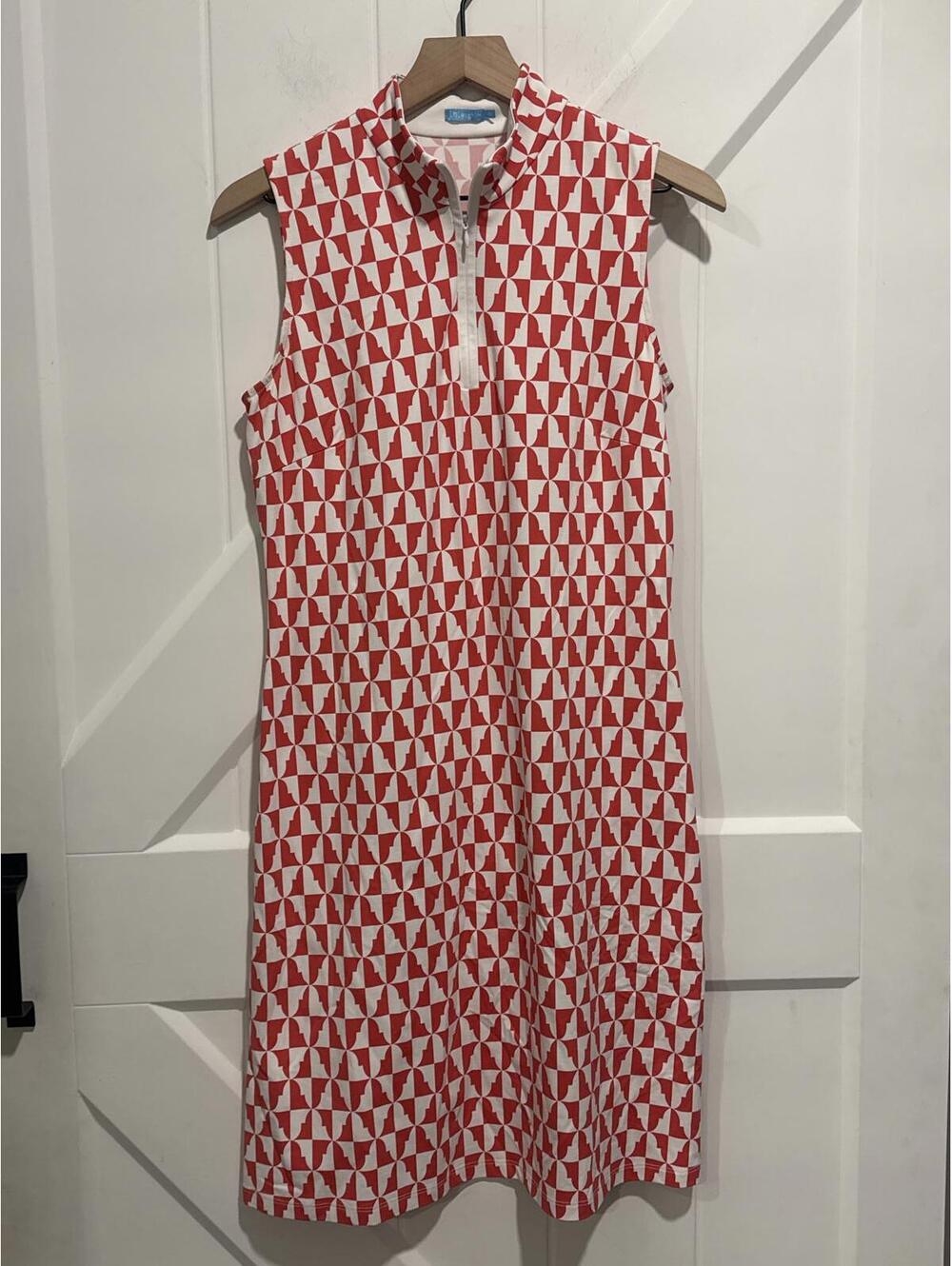 J. McLaughlin Coral Red Sleeveless Patterned Dress with Zipper Neck Size M